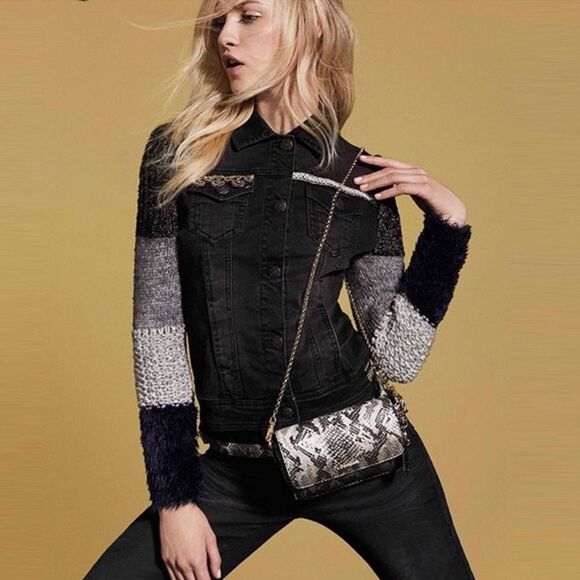 Desigual Exotic Black Denim Knit Sleeve Fur Cuff Embellished Jacket - Picture 1 of 9